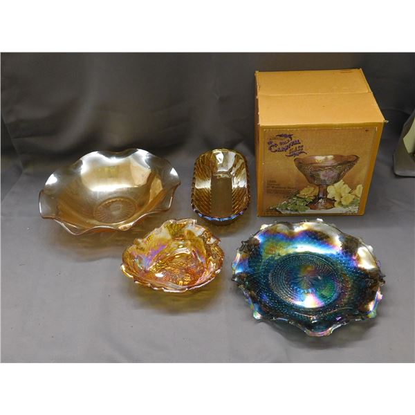 Lot of 5pcs Vintage Carnival Glass Serving Bowls, Harvest Wedding Bowl in Box