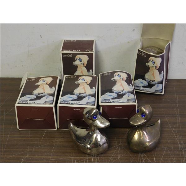 Lot of 7 Regal 1970s Money Banks (5 w boxes) Silver Plated Ducks