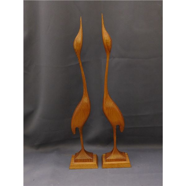 Pair of Vintage Mid Century MCM Carved Wood Sculptures of Cranes 23"