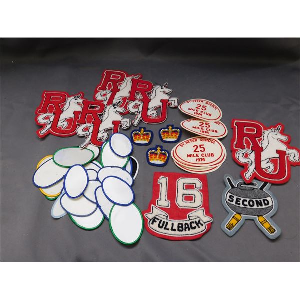 Lot of Assorted Varsity / School Patches, Curling, Mile Club, Blank, Crowns