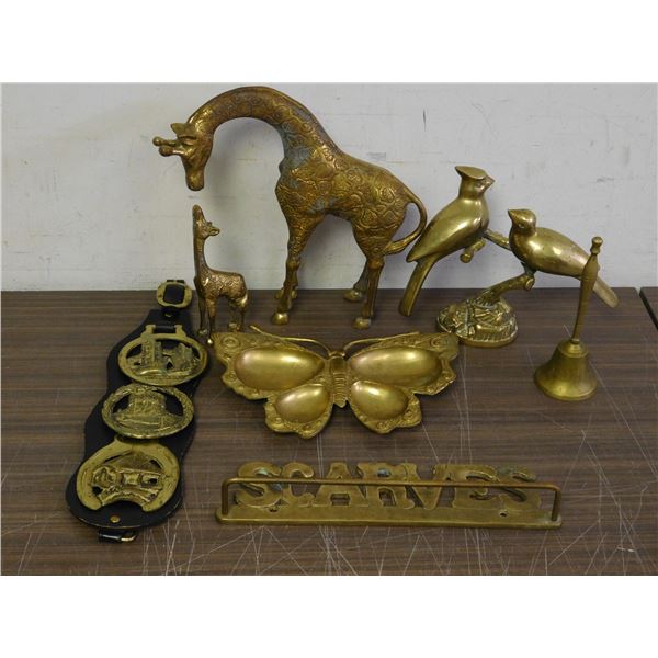 Lot of Brass Decor Giraffes, Scarf Bar, Birds, Bell, Etc