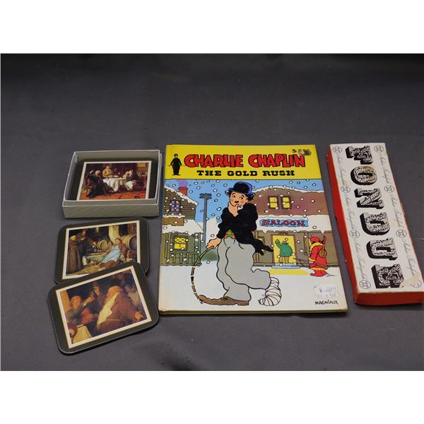 Lot of 3 Charlie Chaplin The Gold Rush Storybook, Fondue Prongs Tongs, Coaster Set