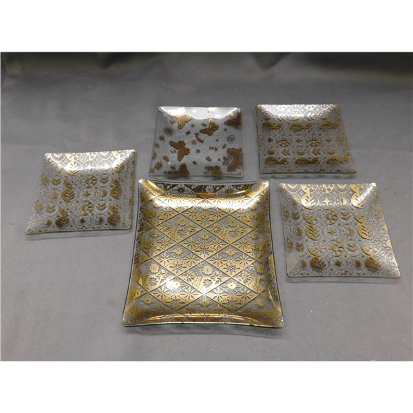 Lot of 5 Glass Gold Detail Square Plates