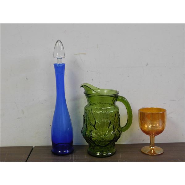 Lot of 3 Glass MCM Carnival Glass Chalice, Decanter