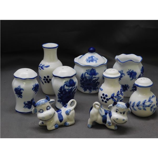 Lot of 9pcs Blue and White Salt and Pepper Shakers, Cream and Sugar unmarked