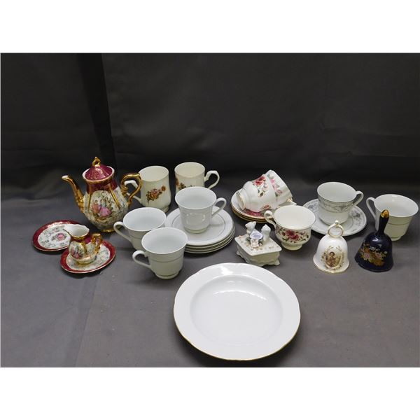Lot of Fine Bone China Porcelain Tea Cups, Saucers, Bells, Plates, Pot, Trinket Box