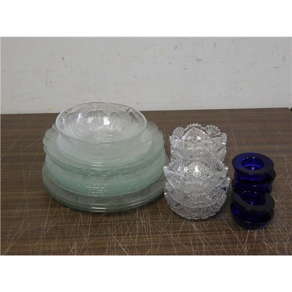 Lot of Cobalt Blue Candle Holders, Glass Bowls and Plates