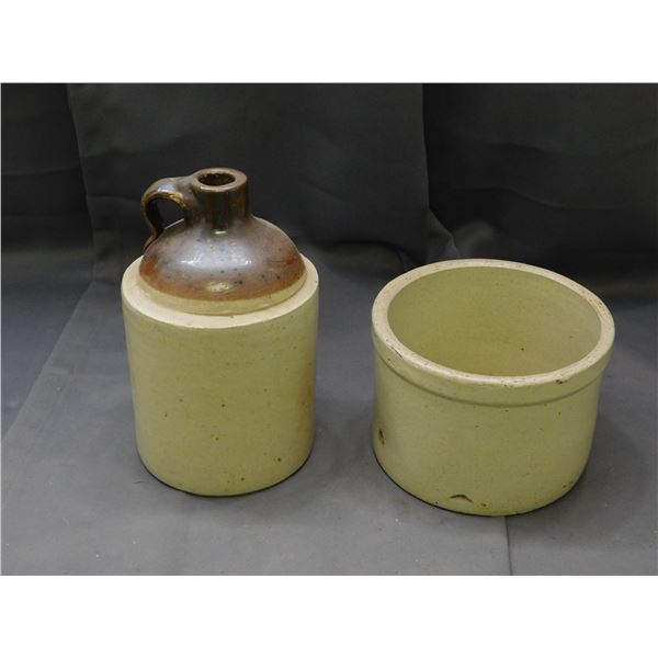 Lot of 2 Stoneware Crocks 2 Quart Low / Butter Crock and 1 Quart Whisky Jug