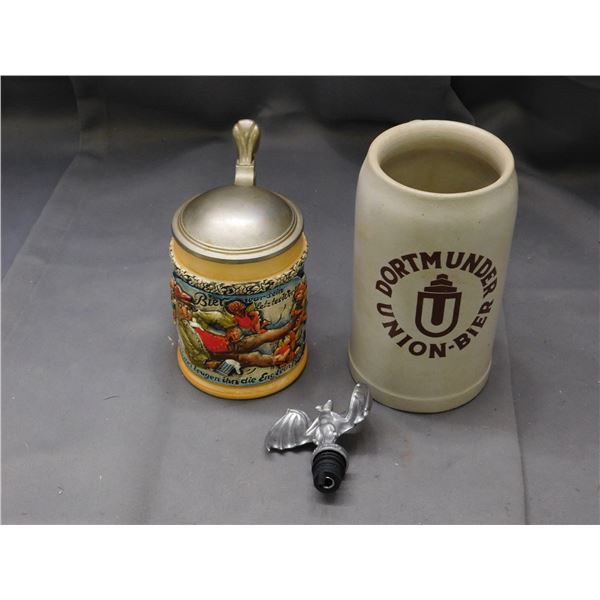 2 Vintage German Stoneware Steins and 1 Bacardi Bottle Stopper / Spout Pour