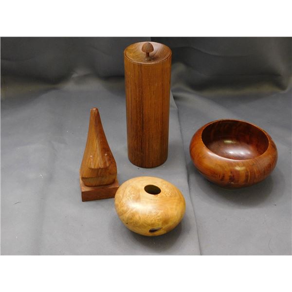 Lot of 4 Vintage Carved Wood, California Redwood Bowl, Burlwood Vase, Canister and Glasses Holder