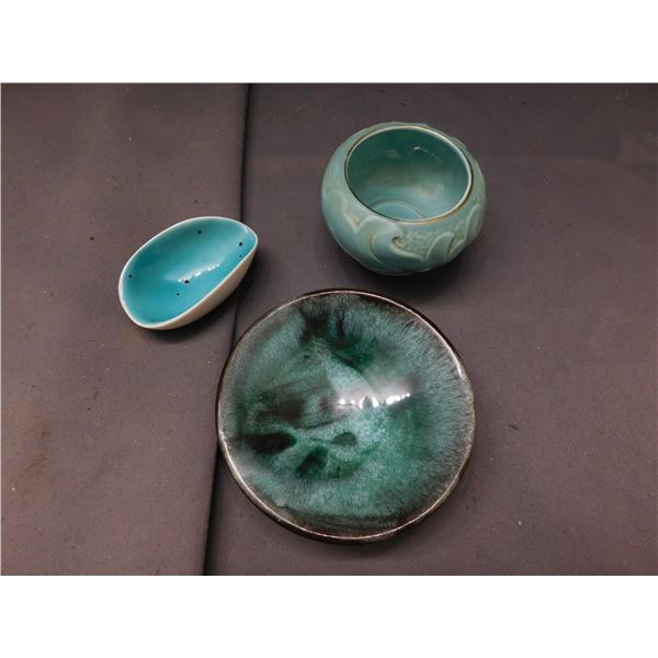 Lot of 3 Studio Pottery Blue Small Dishes and Bowl