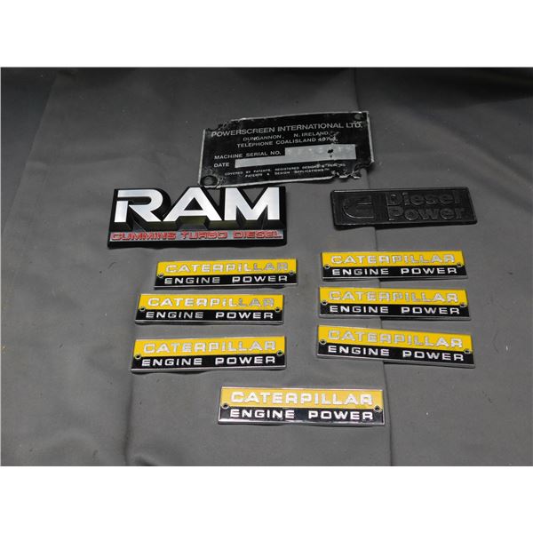 Lot of Emblems /  Dealer Logos, Caterpillar Engine Power Plates, RAM, Diesel, Machine Plate