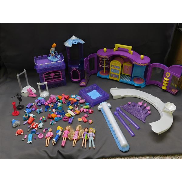 Large Lot of Polly Pocket Playset, Pieces and 7 Dolls, Clothing  & Accessories