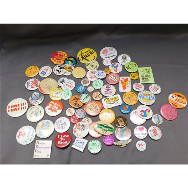 Lot of Vintage Buttons Pinbacks Advertising, Canada, Manitoba, Novelty, Etc