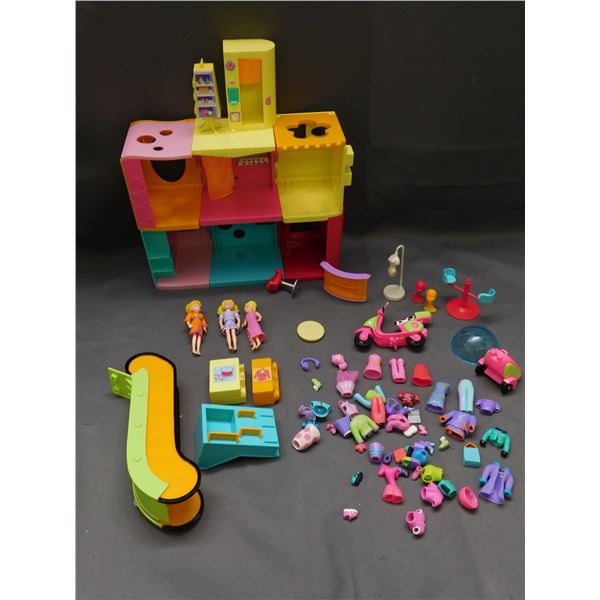 Lot of Polly Pocket Playset, Parts and 3 Dolls, Clothing & Accessories