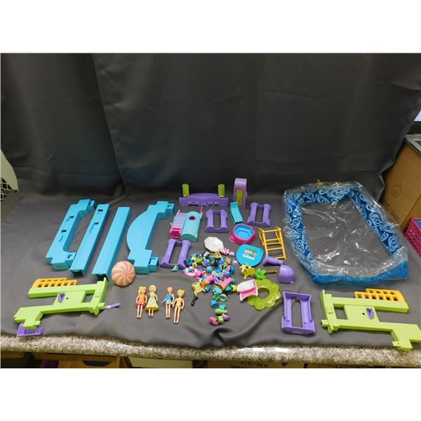 Large Lot of Polly Pocket Pool Playset Pieces, 4 Dolls and Tons of Clothing & Accessories