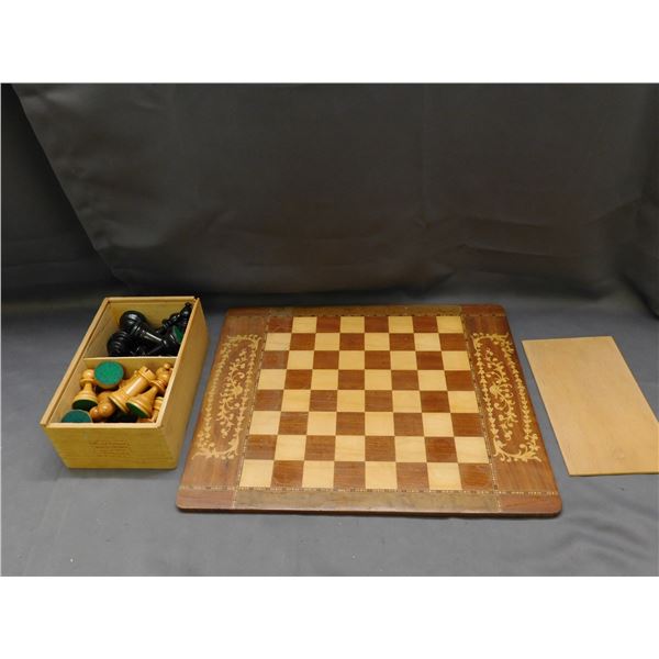 Wooden Chess Board and Box of Chess Pieces