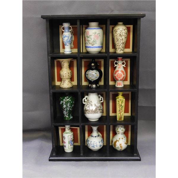 Lot of 12 Ornamental Decorative Asian Vases in Curio Shelf Display