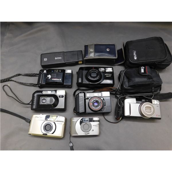 Lot of 7 Vintage Film Cameras and Bags Pentax, Minolta, Fuji, etc
