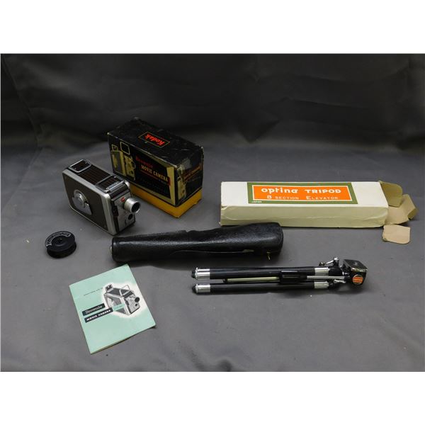 Kodak Brownie Movie Camera w box and optina Tripod w box and case.