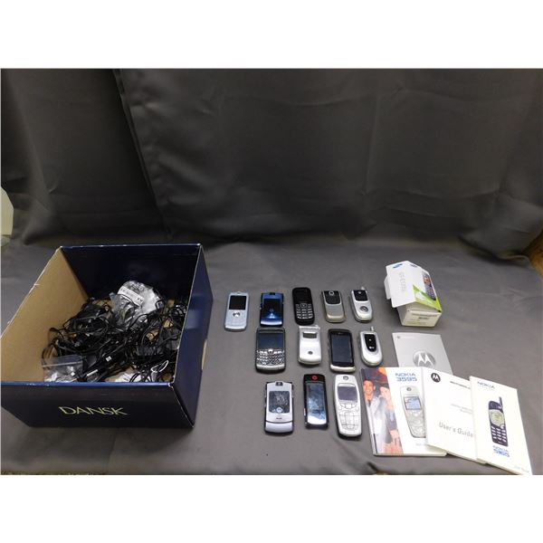 Lot of 12 Vintage Flip Phones, Blackberry Cell Phones, Charging Cables, Etc