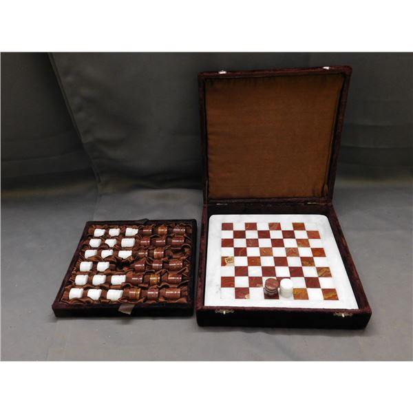 Stone Carved Checkers Set with Stone Board, Pieces and Case