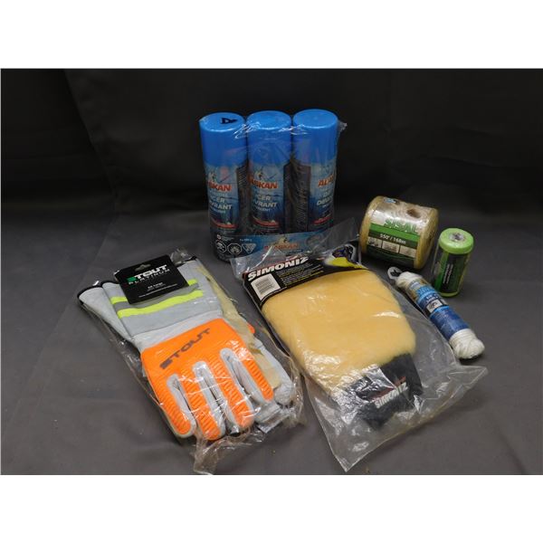 Lot of NEW Sealed De-Icer, XXL Work Gloves, Twine, Rope, Polishing Glove