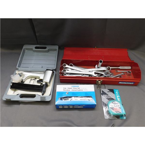 Mastercraft Red Tool Box, 8pc Impact Driver Set, 25ft Measuring Tape, Wrenches Staple Gun