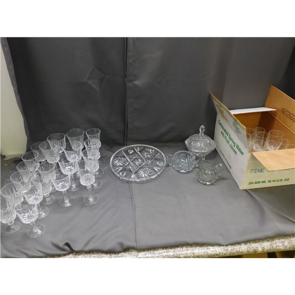 LARGE LOT of Plain Glassware Wine Glasses, Crystal, Pinwheel Tray, Cream and Sugar