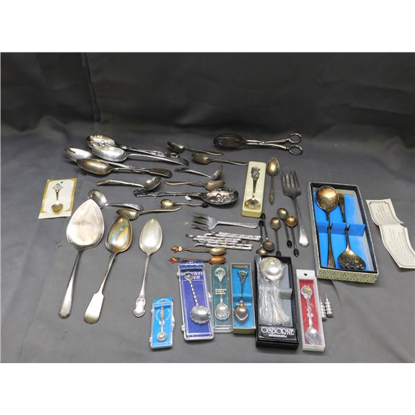 Lot of Assorted Silver Plate Collectible Souvenir Travel Spoons, Serving Spoons, Forks, Tongs, etc