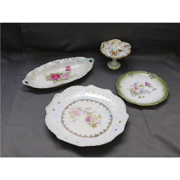 Lot of 4 Austria, Germany Pearlescent Fine Bone China Trays, Dish, Footed Dish