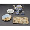 Image 1 : Blue and White Pottery Tea Pot, Miniature Pitcher, Jug, Small Trinket Dishes, Tray
