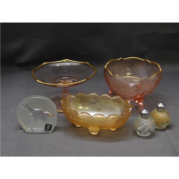Pink Glass Footed Dish and Bowl, Carnival Glass Oval Dish, Salt and Pepper, Embossed Glass Bird