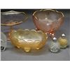 Image 2 : Pink Glass Footed Dish and Bowl, Carnival Glass Oval Dish, Salt and Pepper, Embossed Glass Bird