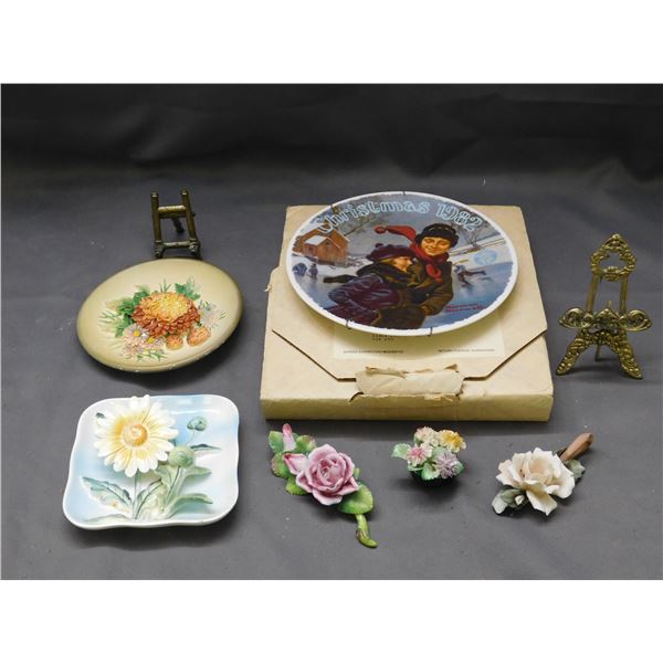 Lot of Assorted Trinkets Porcelain Flowers, Plate Stands, 3D Floral Wall Plates, Bradford Exchange