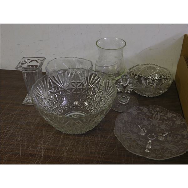 7pcs of Glass and Crystal Bowls, Plate, Candle Holder