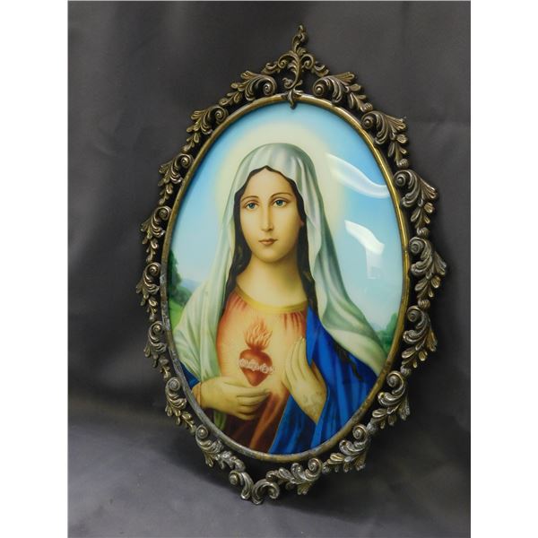 Mother Mary Religious Christian Metal Frame Dome Wall Hanging Decor 14" x 20"