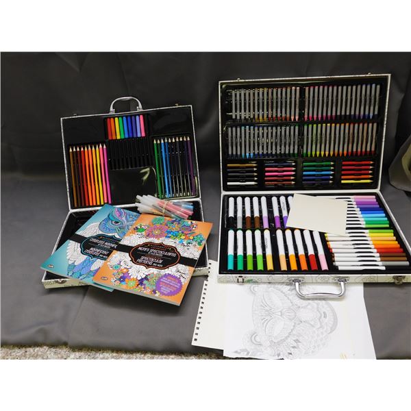 Lot of 2 Coloring Book Kits with Crayons, Markers, Pencils and Books
