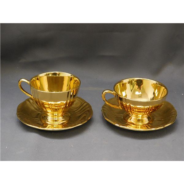 Pair of Royal Winton Grimwades Gold Porcelain Tea Cups and Saucers Fine Bone China