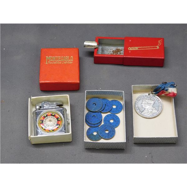Lot of Ration Tokens, Roulette Lighter, Portable Matchbox Ash Tray, Medal