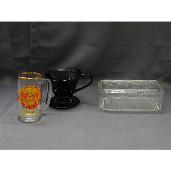 Lot of Glass Food Storage Container, Coffee Mug Drip, Nickel City Glass Mug