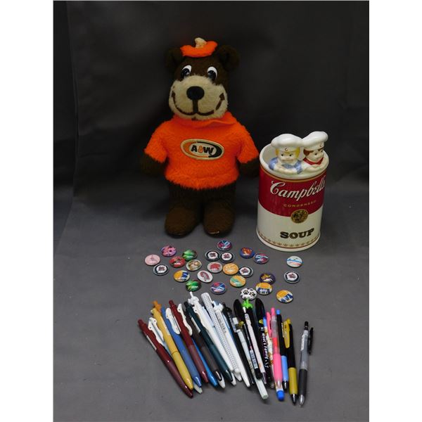 Lot of A&W Plush Bear, Campbells Soup Ceramic Canister, Fridge Magnets, Asian Ballpoint Pens