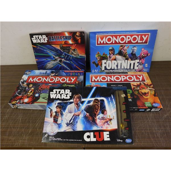 Lot of 5 Board Games Monopoly Fortnite, Avengers, Star Wars, Battleship