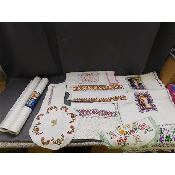 Lot of Tablecloths, Linens, Lace & Embroidery and Drawer Liner Sheeting
