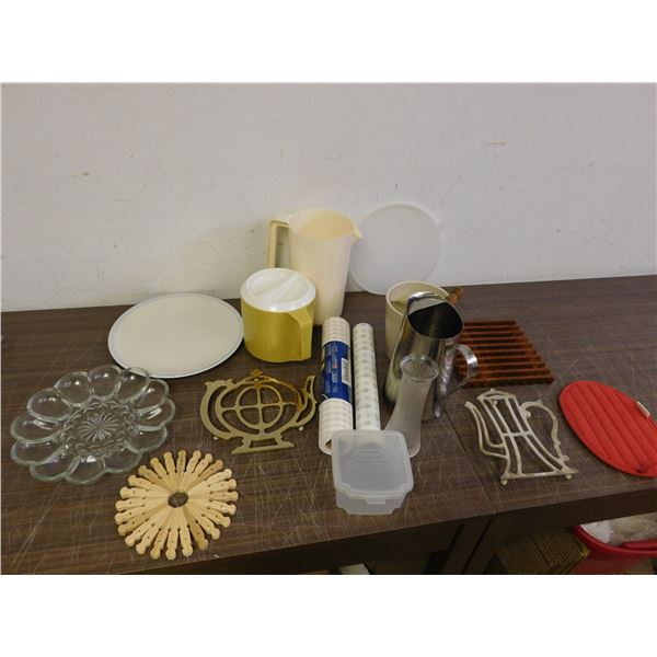 Lot of Assorted Vintage Kitchen Kettle, Trivets, Pitcher, Vase, Trays, Etc