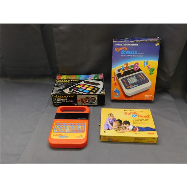 4pc Vintage Speak & Read, Speak & Math, Fabulous Fred and Speak & Spell Kids Learning Toys circa 80s