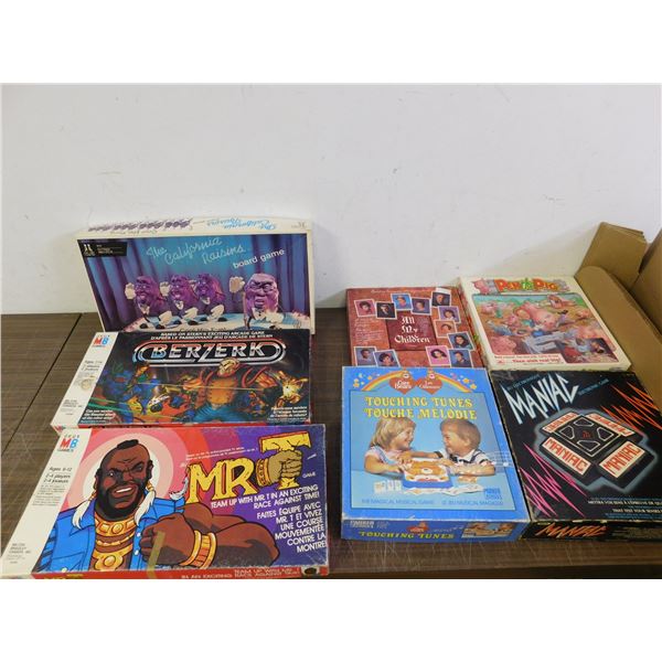 Lot of 7 Tabletop Board Games Mr T, Berzerk, Maniac, California Raisins, Etc