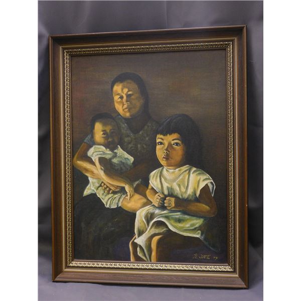 Artist Signed R. Gietz 79 Framed Painting of Family 21" x 27"