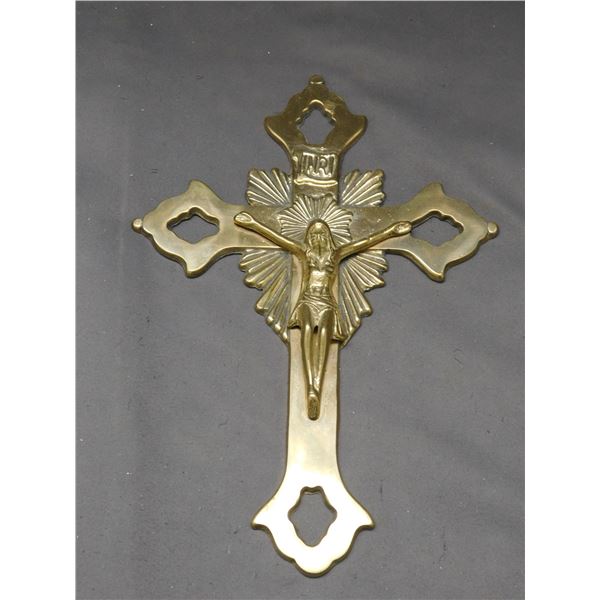 Gold Tone Metal Jesus on Cross Religious Wall Hanging Decoration 11"