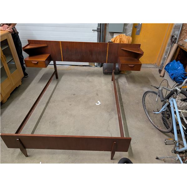 Vintage Mid Century Modern Oiled Walnut Double Bed Frame with built in Nightstands